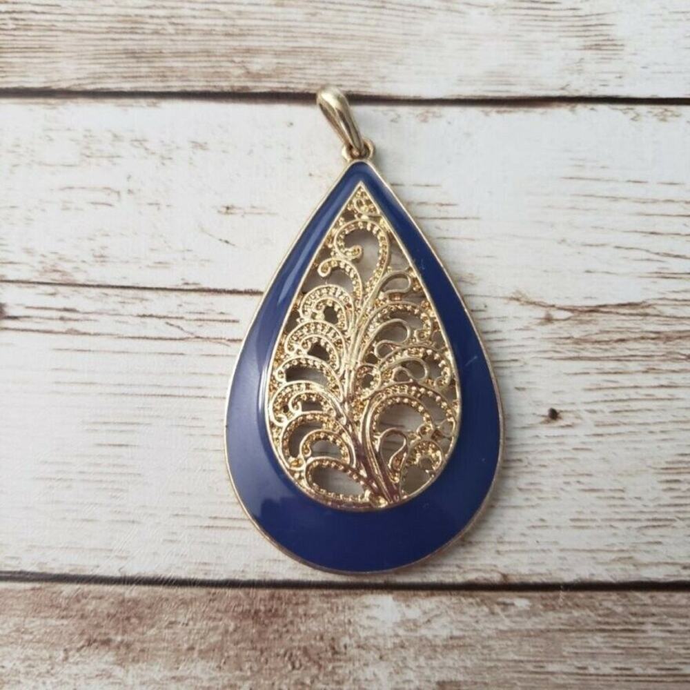 Vintage Pendant - Teardrop Shape Dark Blue & Gold Tone - No Chain Included